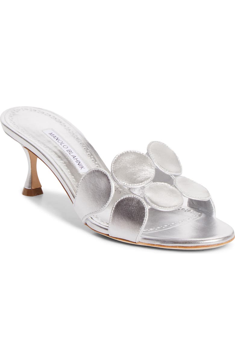 Manolo Blahnik Haribalmu Kitten Heel Sandal, Main, color, Silver