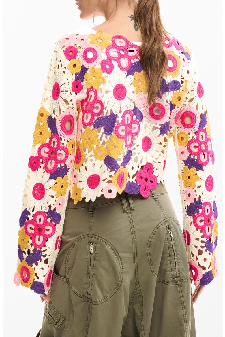 Floral Crop Cotton Blend Crochet Sweater, Alternate, color, OFF WHITE