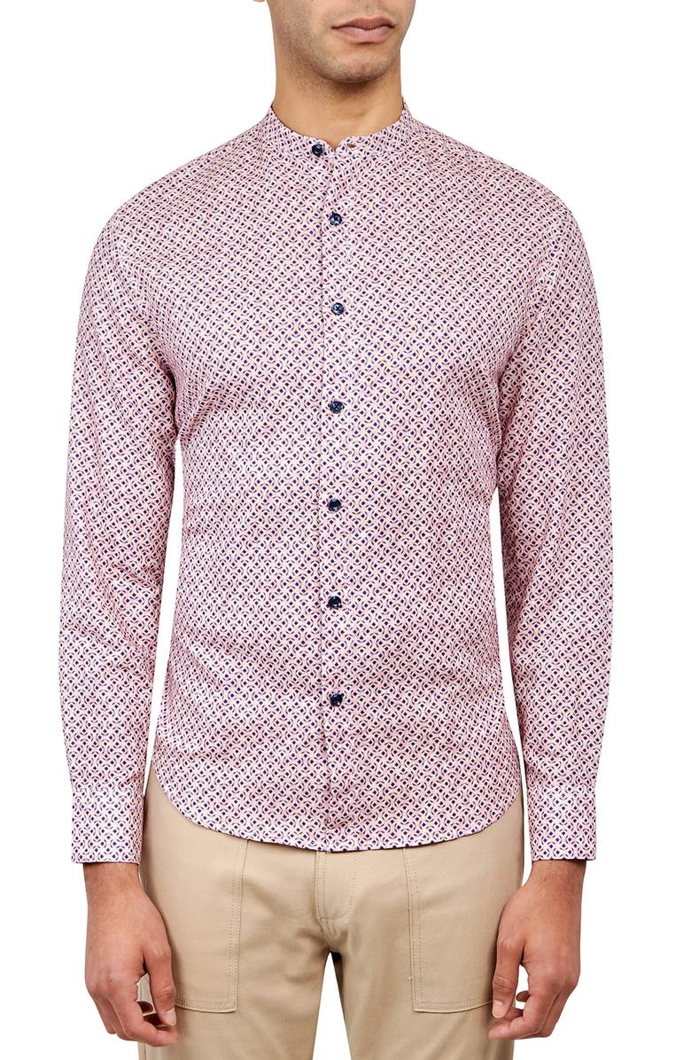 Brooklyn Brigade Dumbo Geometric Print Long Sleeve Mandarin Collar Shirt, Main, color, Navy/ Pink