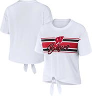 WEAR by Erin Andrews Women's WEAR by Erin Andrews White Wisconsin Badgers Striped Front Knot Cropped T-Shirt