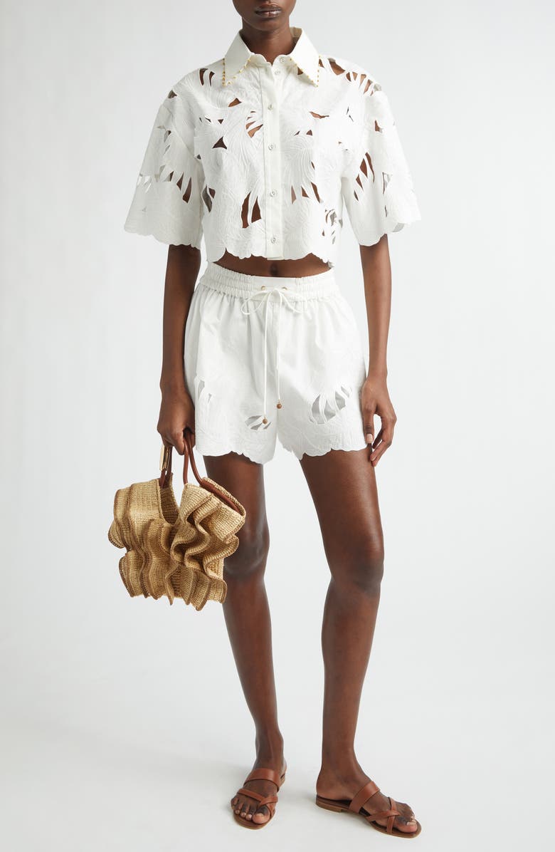 Zimmermann Mahon Embroidered Cotton Shorts, Alternate, color, Ivory