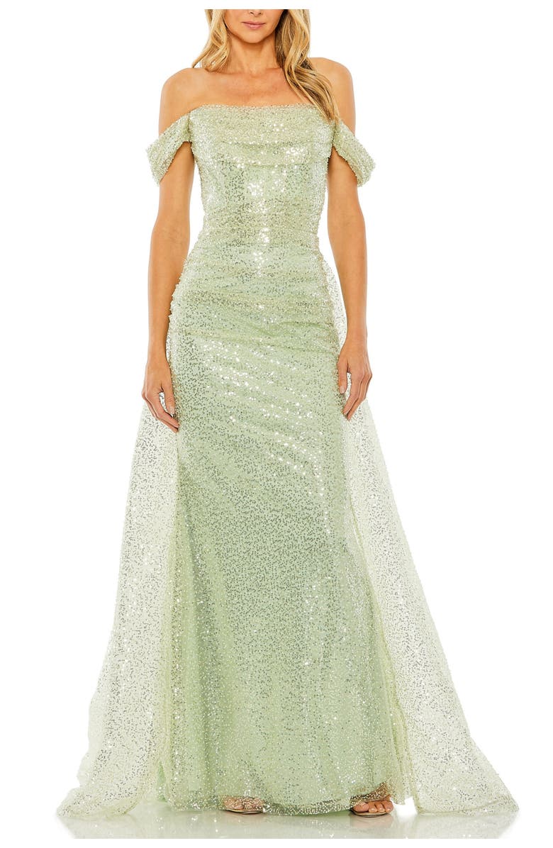 Mac Duggal Off the Shoulder Sequin Panel Train Gown, Main, color, Sage