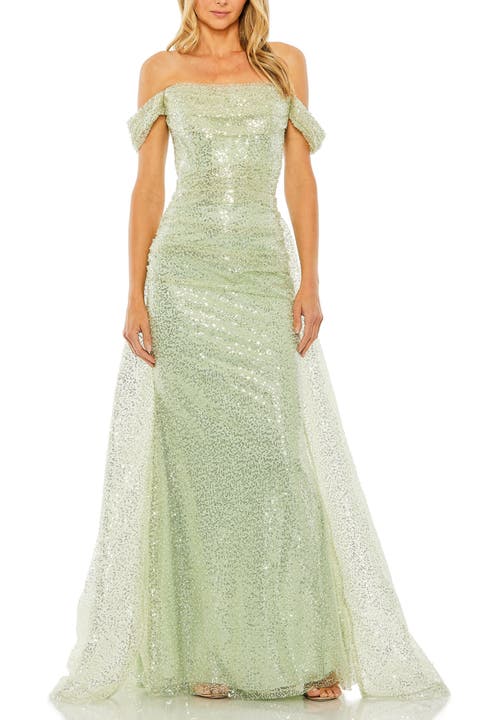 Off the Shoulder Sequin Panel Train Gown