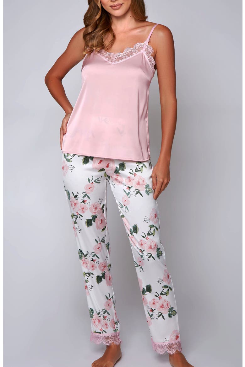 Lace Trim Satin Cami & Floral Pants Pajama Set, Main, color, Pink