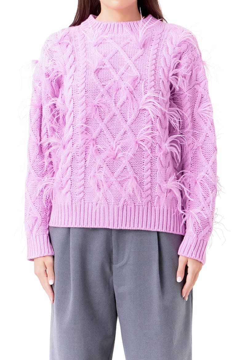 Feather Trim Cable Knit Sweater, Alternate, color, LILAC