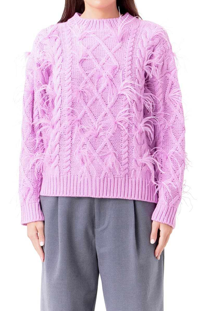 Endless Rose Feather Trim Cable Knit Sweater, Alternate, color, Lilac