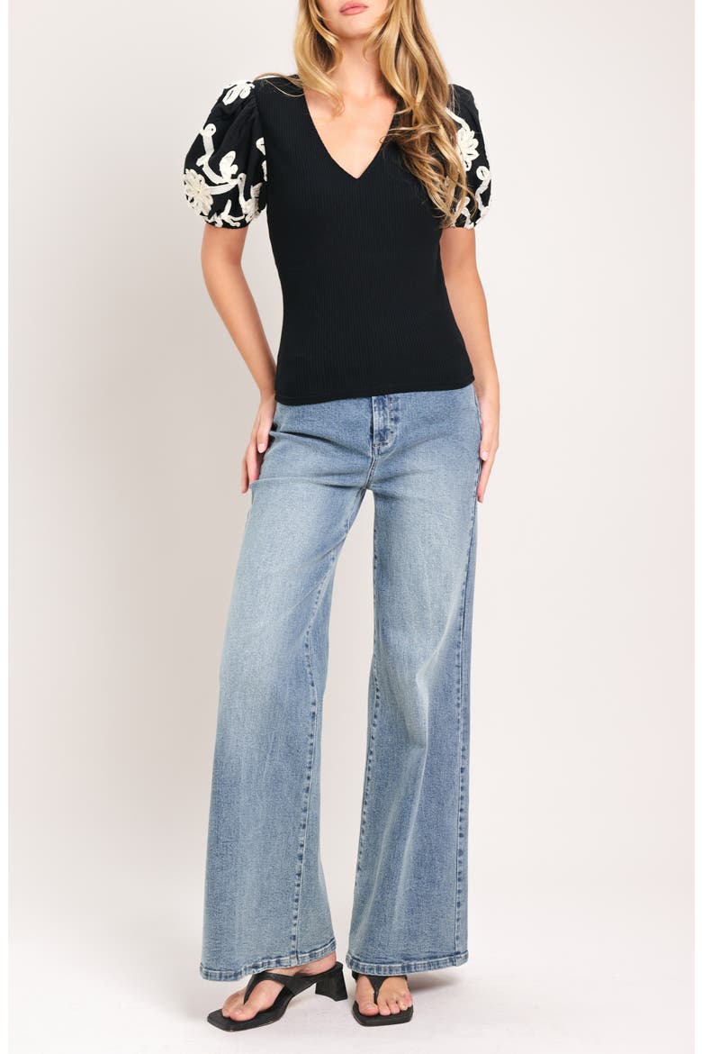 Floral Embroidered Puff Sleeve Ribbed Top, Alternate, color, BLACK