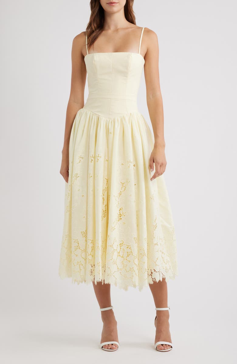 HOUSE OF CB Ysabella Lace Skirt Stretch Cotton Cocktail Dress, Main, color, Lemon