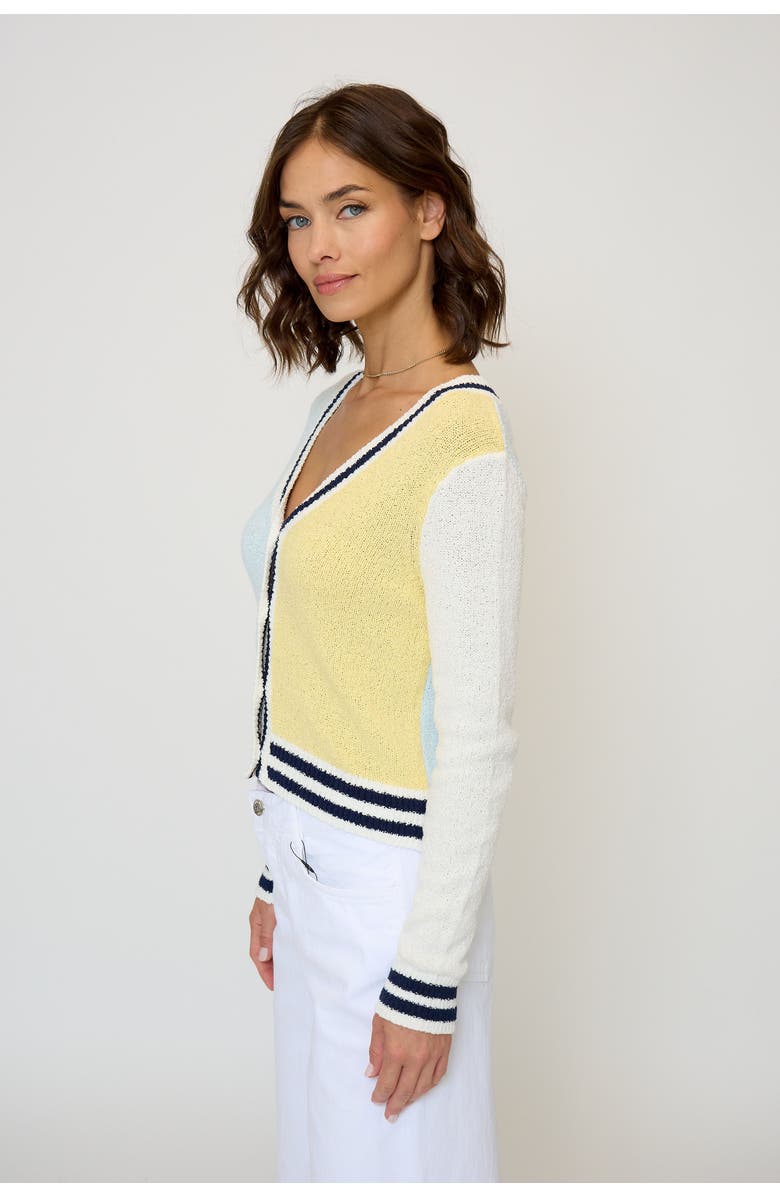 Central Park West Daphne Varsity Stripe Cardigan, Alternate, color, Citron