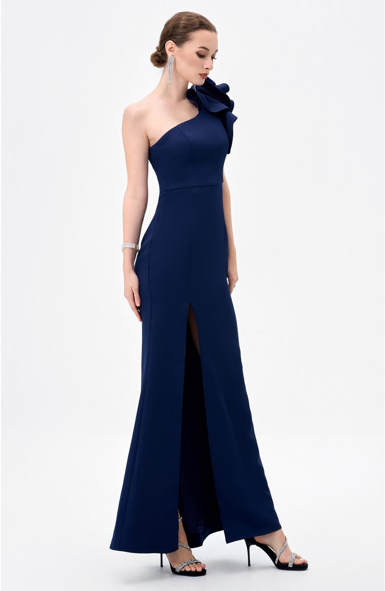Bariano Sue Frill Shoulder Gown, Alternate, color, Navy