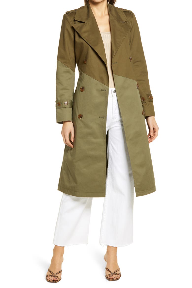 Pieced Colorblock Trench Coat, Main, color, TWO-TONE GREEN DUNE