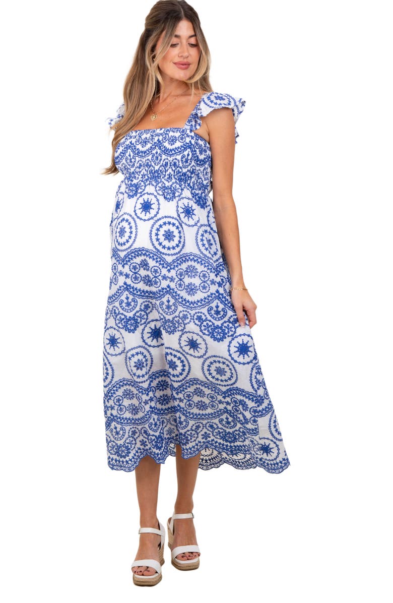 PinkBlush Embroidered Smocked Cutout Midi Dress, Alternate, color, Navy Blue