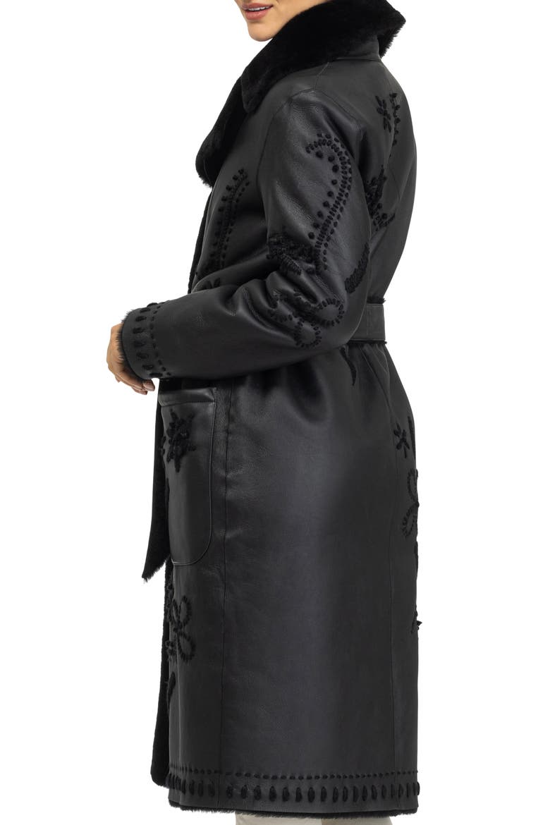 Genuine Shearling Short Coat with Embroidery, Belt, Alternate, color, BLACK/BLACK