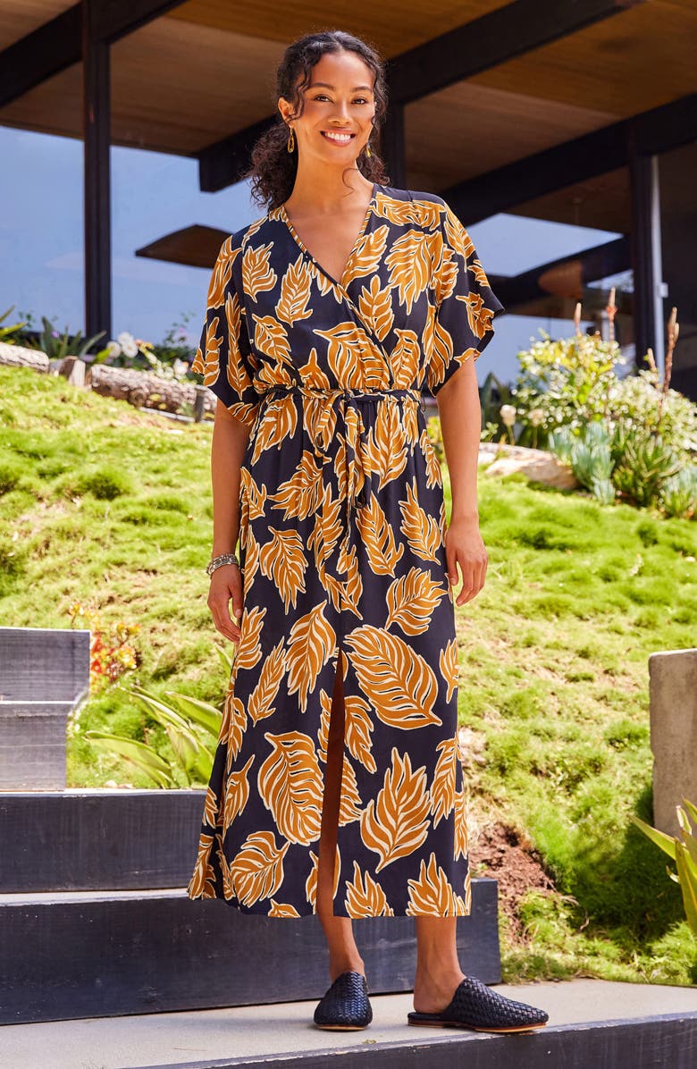 Karen Kane Leaf Print Faux Wrap Midi Dress, Alternate, color, Black Yellow Print