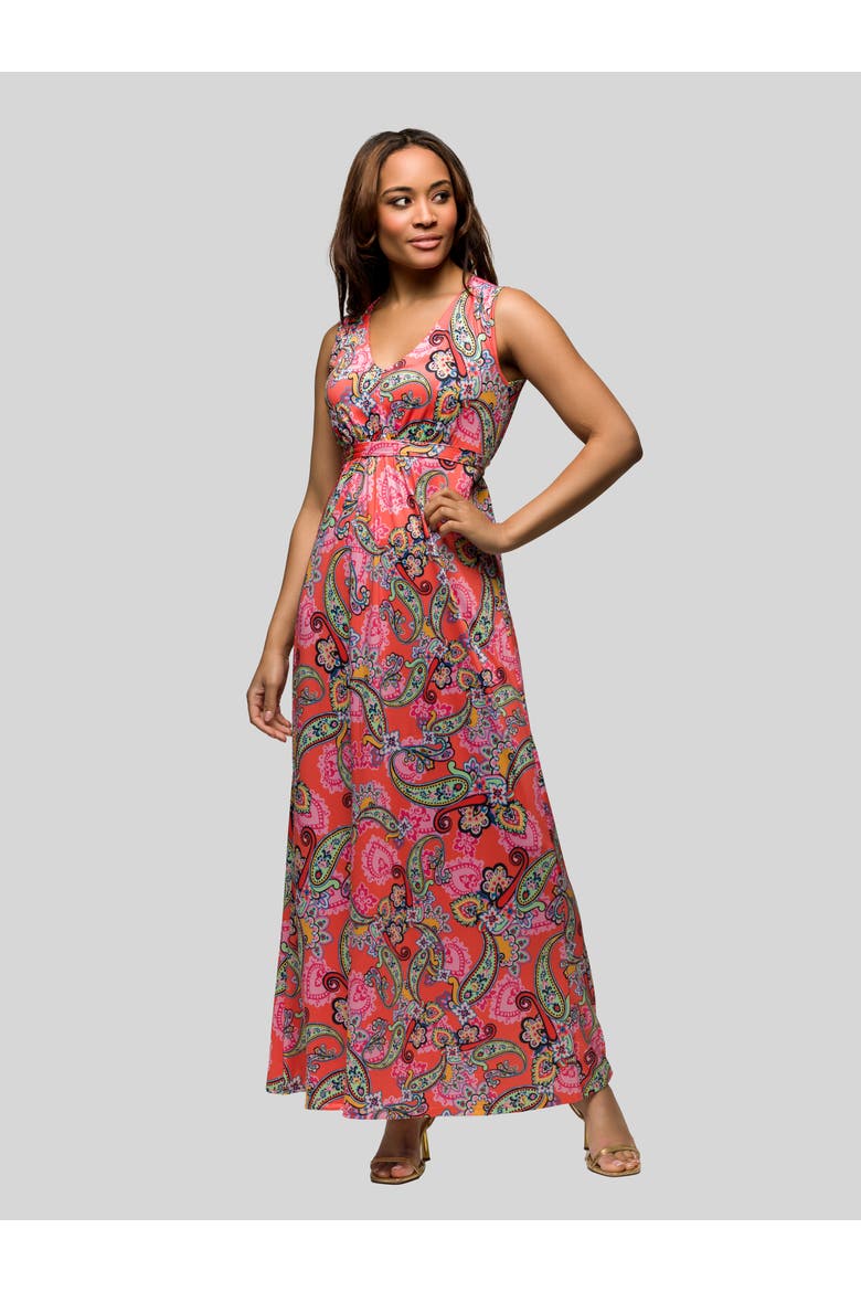 Pink Paisley Print V-Neck Empire Waist Sleeveless Maxi Dress, Alternate, color, Pink Multi