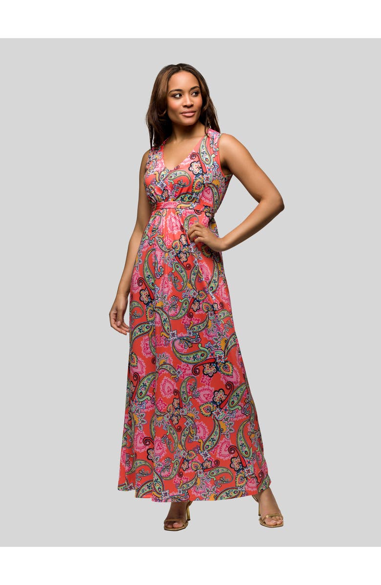24seven Comfort Apparel Pink Paisley Print V-Neck Empire Waist Sleeveless Maxi Dress, Alternate, color, Pink Multi