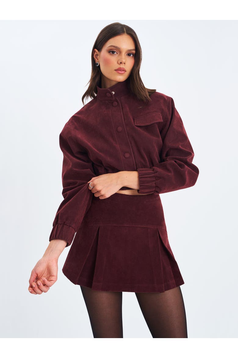 Faryn Vegan Suede Pleated A-Line Mini Skirt, Alternate, color, Mahogany