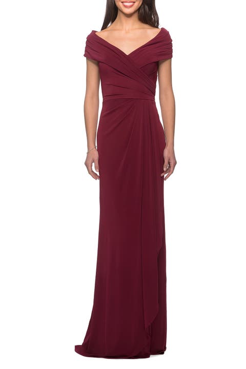 Ruched Jersey Long Gown with V-Neckline