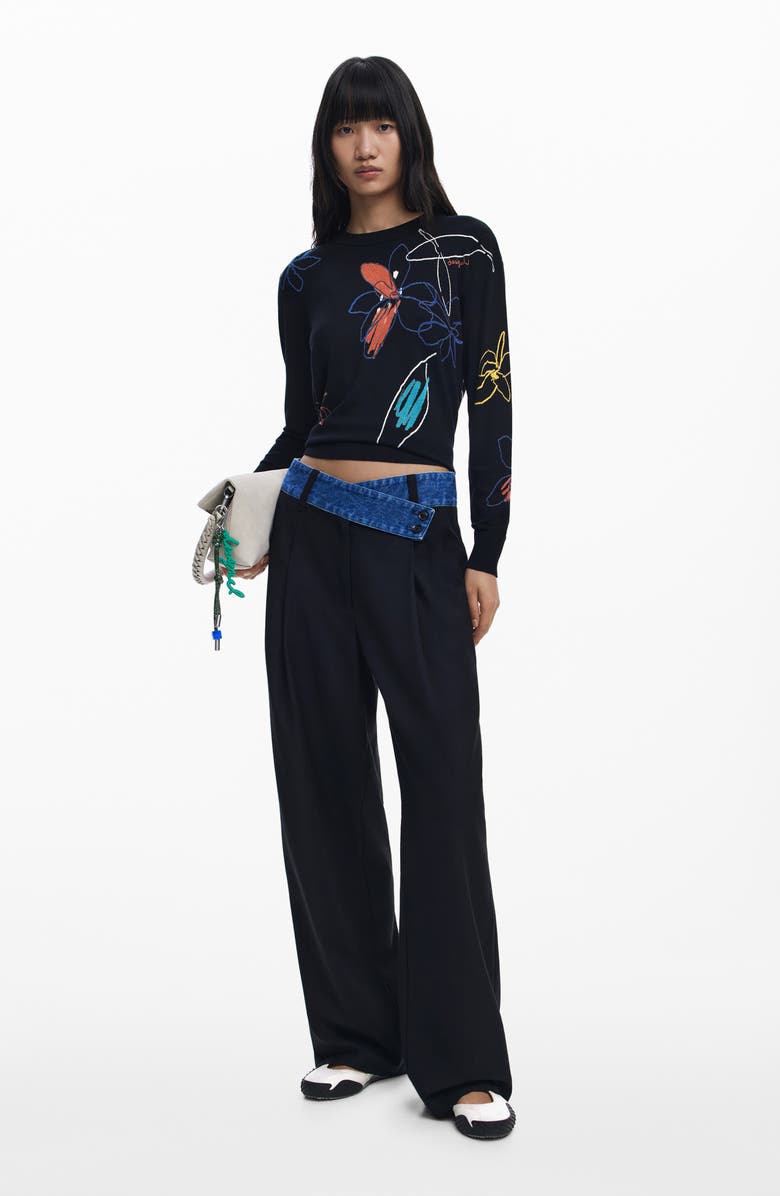 Desigual Floral Crewneck Sweater, Alternate, color, Black