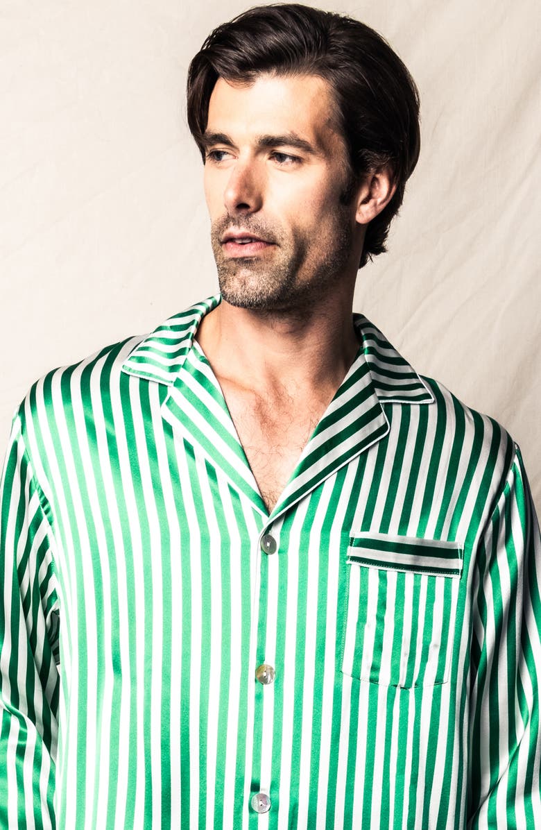 Petite Plume Stripe Mulberry Silk Pajamas, Alternate, color, Green