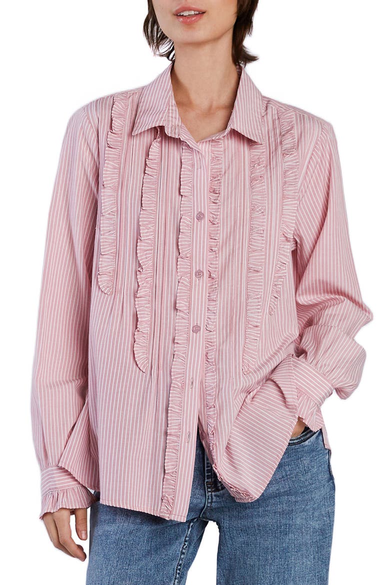 Ruffle Stripe Tuxedo Shirt, Main, color, DUSTY ROSE STRIPES