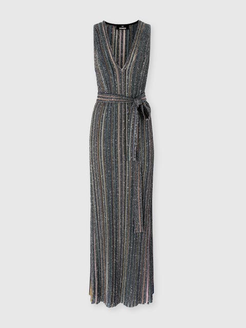Long Knit Dress With Sequins And V-neck