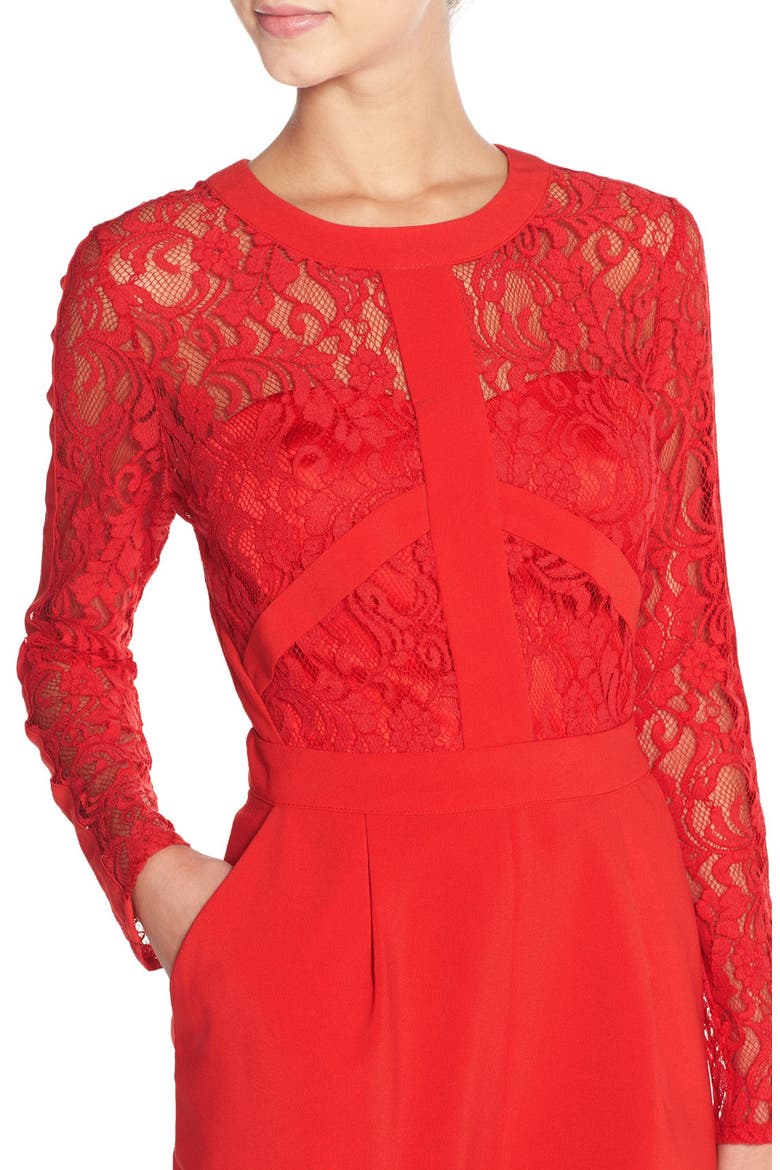 Lace & Crepe Romper, Alternate, color, RED