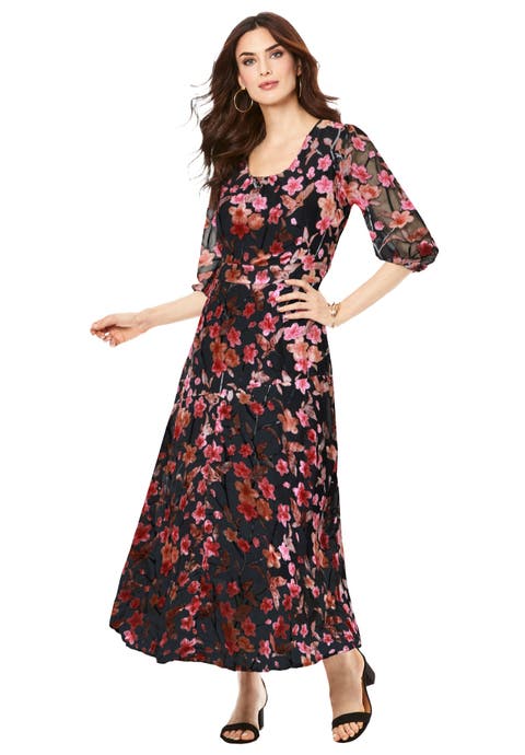 Plus Size Velvet 3/4 Sleeve Burnout Overlay Dress With Sheer Sleeves