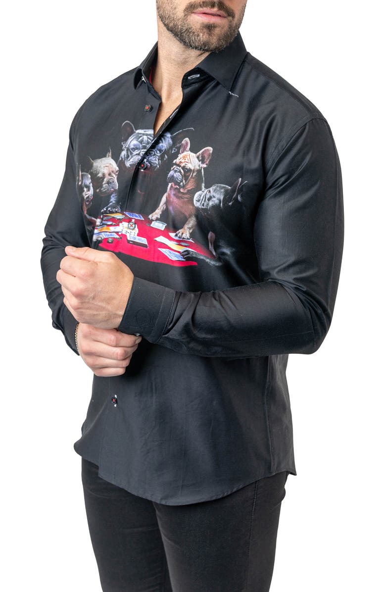 Maceoo Fibonacci Poker Dogs Cotton Button-Up Shirt, Alternate, color, Black