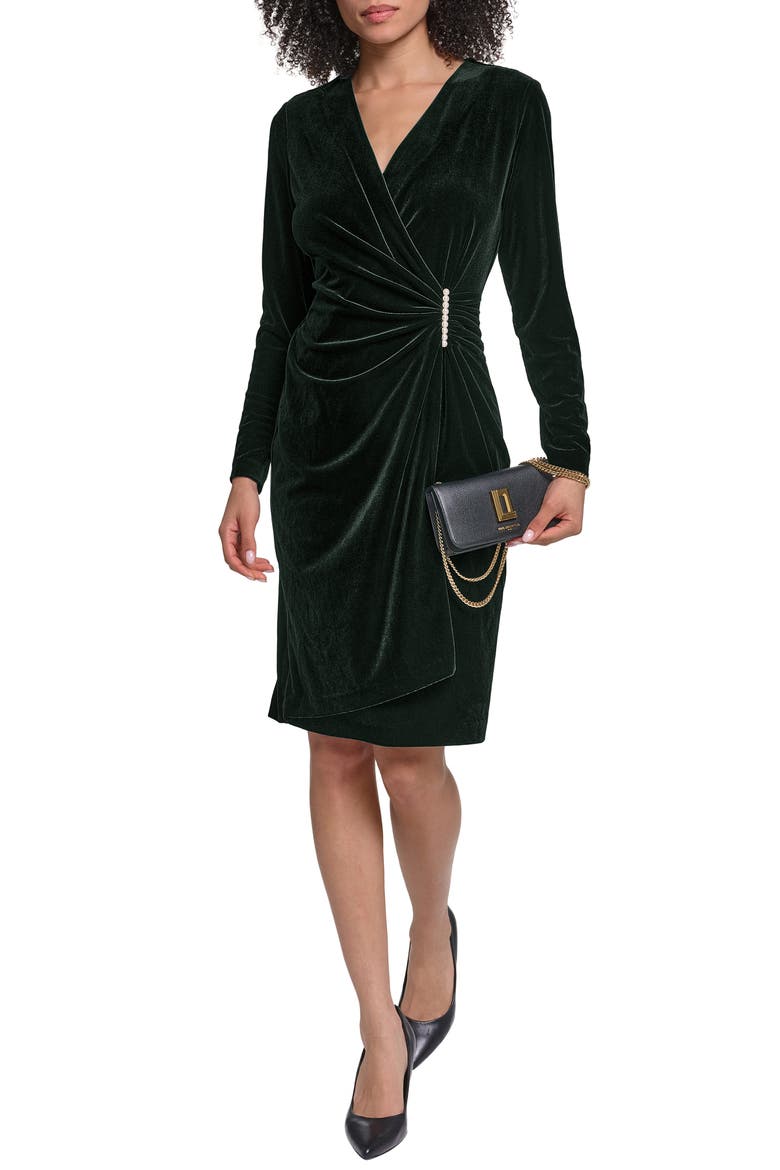 Faux Pearl Detail Long Sleeve Stretch Velvet Faux Wrap Dress, Alternate, color, BLACK