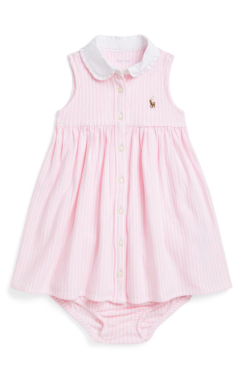 Ralph Lauren Stripe Sleeveless Cotton Piqué Sleeveless Shirtdress & Bloomers, Main, color, 