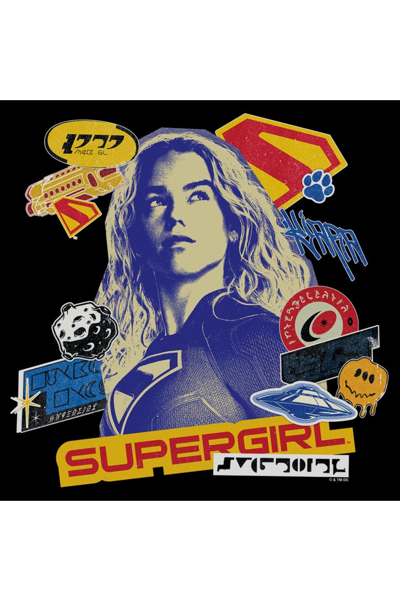 Men's Supergirl Pop Art Stickers and Badges  Graphic T-Shirt, Alternate, color, Black