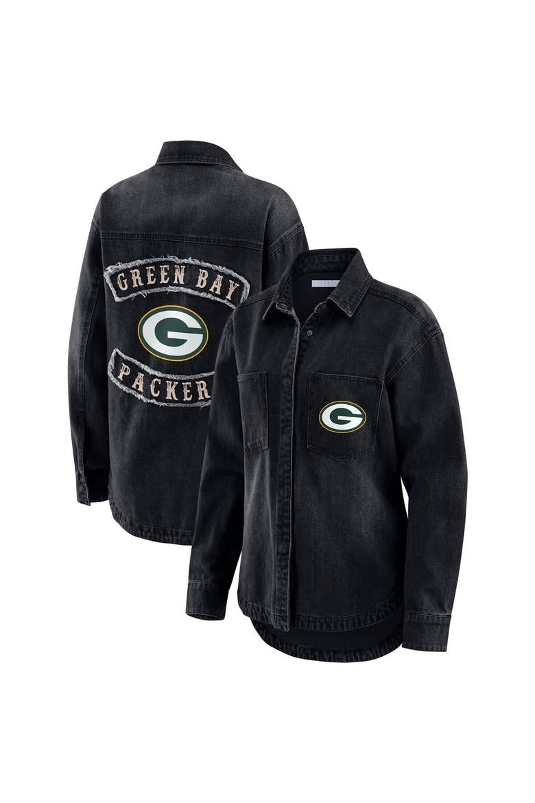 Women's WEAR by Erin Andrews Black Green Bay Packers Washed Oversized Denim Full-Snap Shacket, Main, color, Black