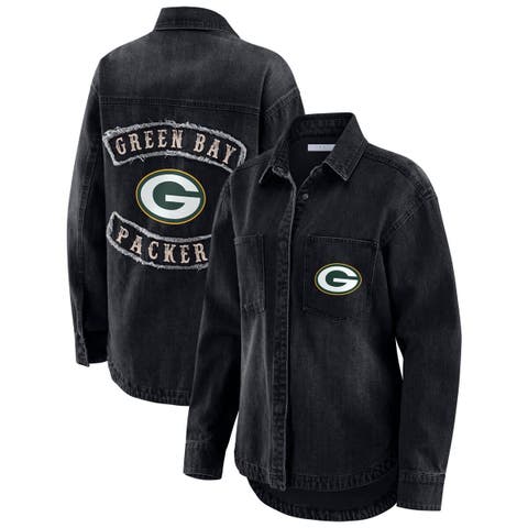 Women's WEAR by Erin Andrews Black Green Bay Packers Washed Oversized Denim Full-Snap Shacket