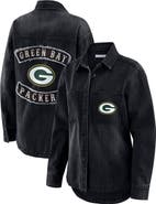 WEAR by Erin Andrews Women's WEAR by Erin Andrews Black Green Bay Packers Washed Oversized Denim Full-Snap Shacket
