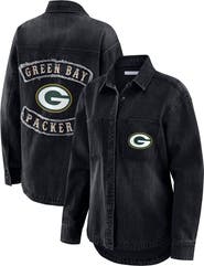 WEAR by Erin Andrews Women's WEAR by Erin Andrews Black Green Bay Packers Washed Oversized Denim Full-Snap Shacket