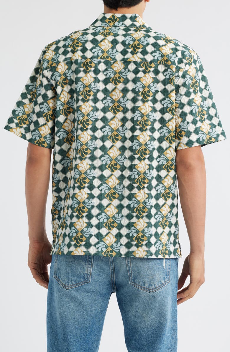 Wax London Didicot Geo Print Cotton Seersucker Camp Shirt, Alternate, color, Green / Blue