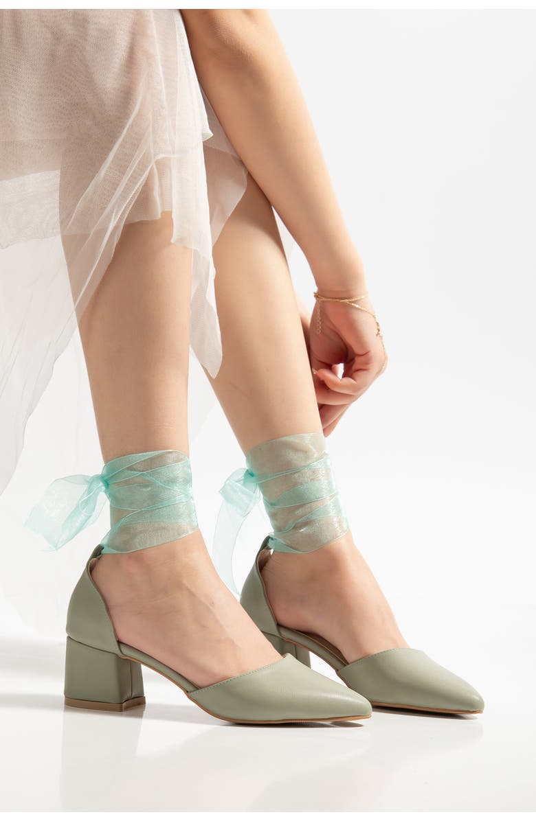 Forever & Always Shoes Fiona Low Block Heels with Ribbon, Alternate, color, Olive Green