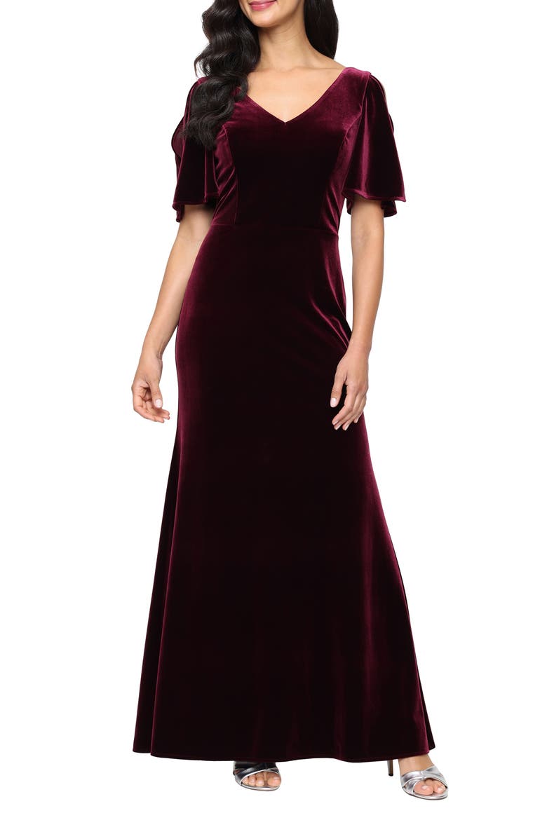 Stretch Velvet Mermaid Gown, Main, color, WINE