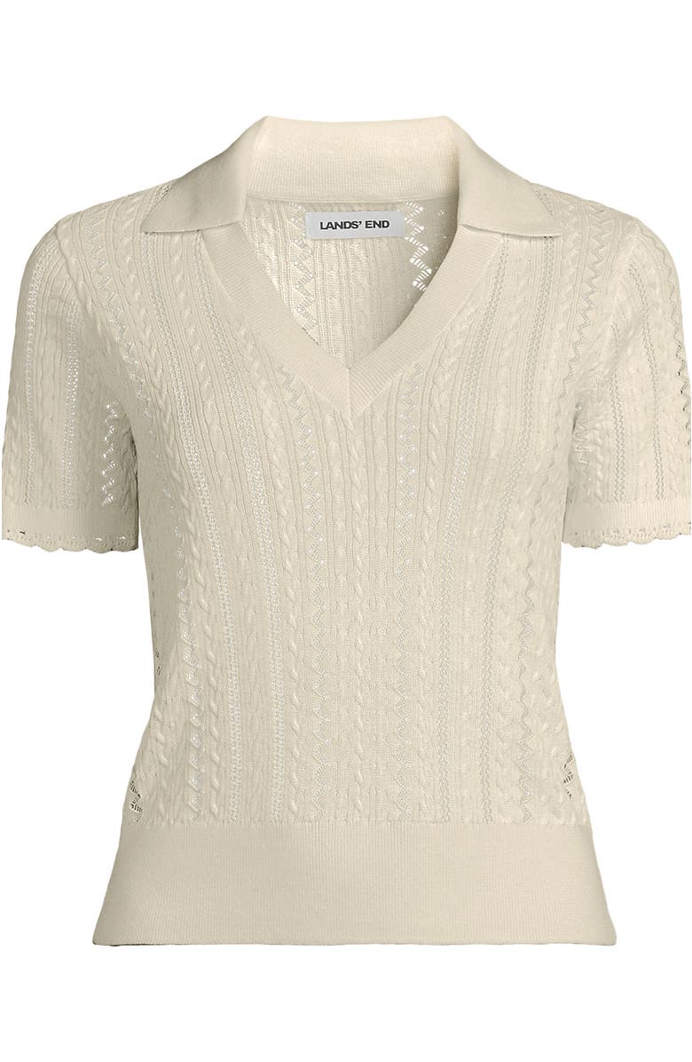 Lands' End Plus Size Fine Gauge Cotton Pointelle Polo Sweater, Alternate, color, Fresh Ivory