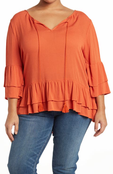 Tie Front Ruffle Waist Tunic (Plus)
