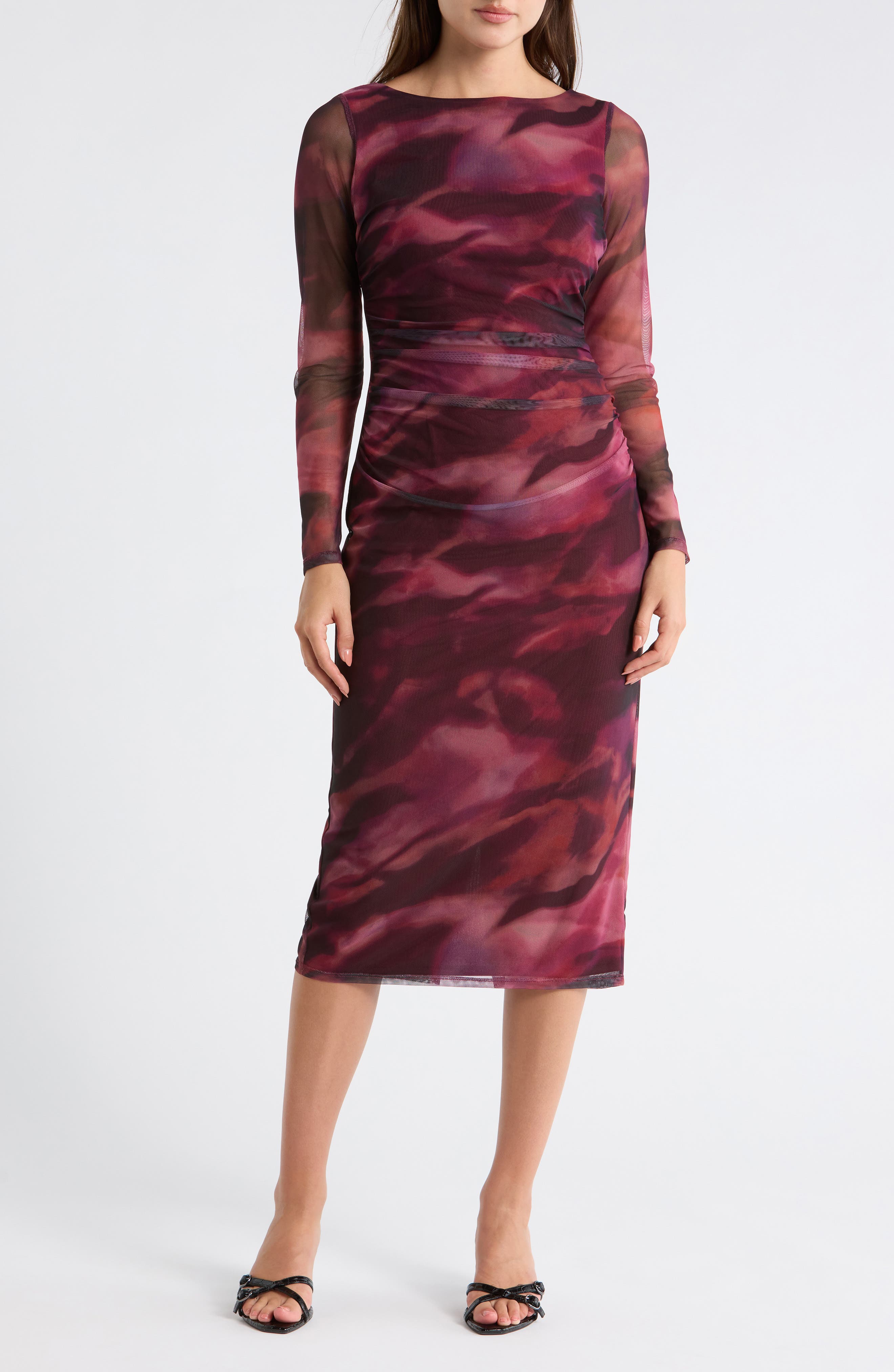 Print Mesh Long Sleeve Body-Con Midi Dress