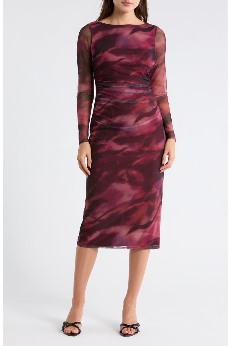 Print Mesh Long Sleeve Body-Con Midi Dress, Main, color, WINE