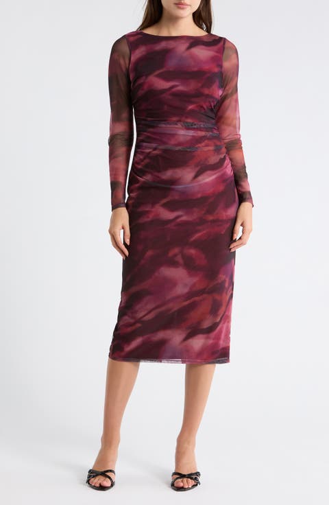 Print Mesh Long Sleeve Body-Con Midi Dress