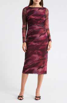 Print Mesh Long Sleeve Body-Con Midi Dress