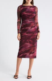 Vince Camuto Print Mesh Long Sleeve Body-Con Midi Dress