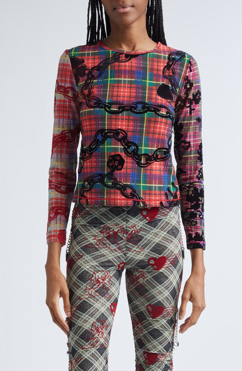 Chopova Lowena Lady Chain Flocked Mesh Top, Main, color, Black Multi