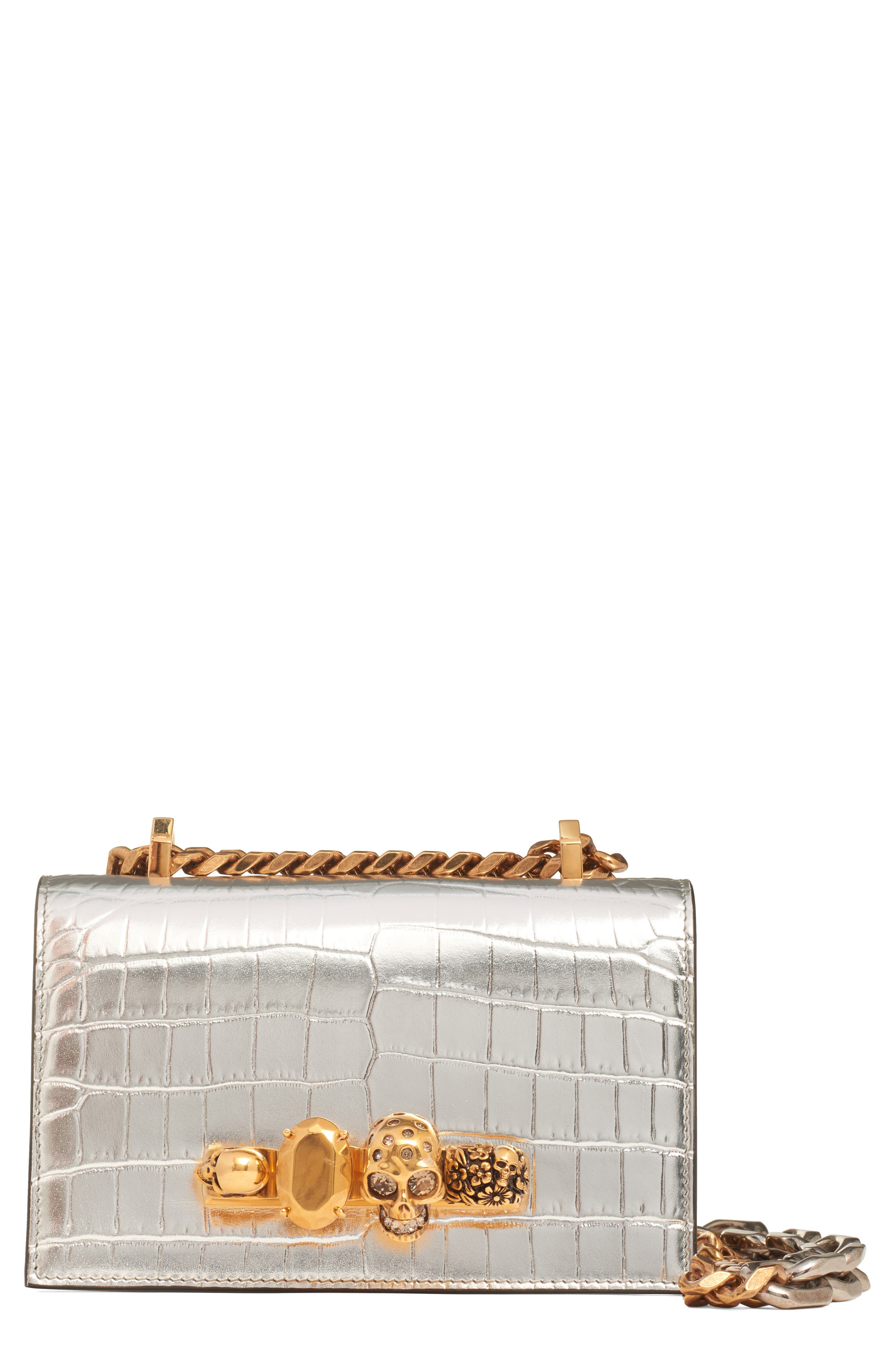 McQueen Mini Jeweled Croc Embossed Leather Satchel, Main, color, 