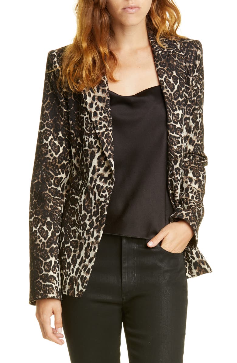 Alice + Olivia Toby Fitted Leopard Print Stretch Cotton Blend Blazer, Main, color,