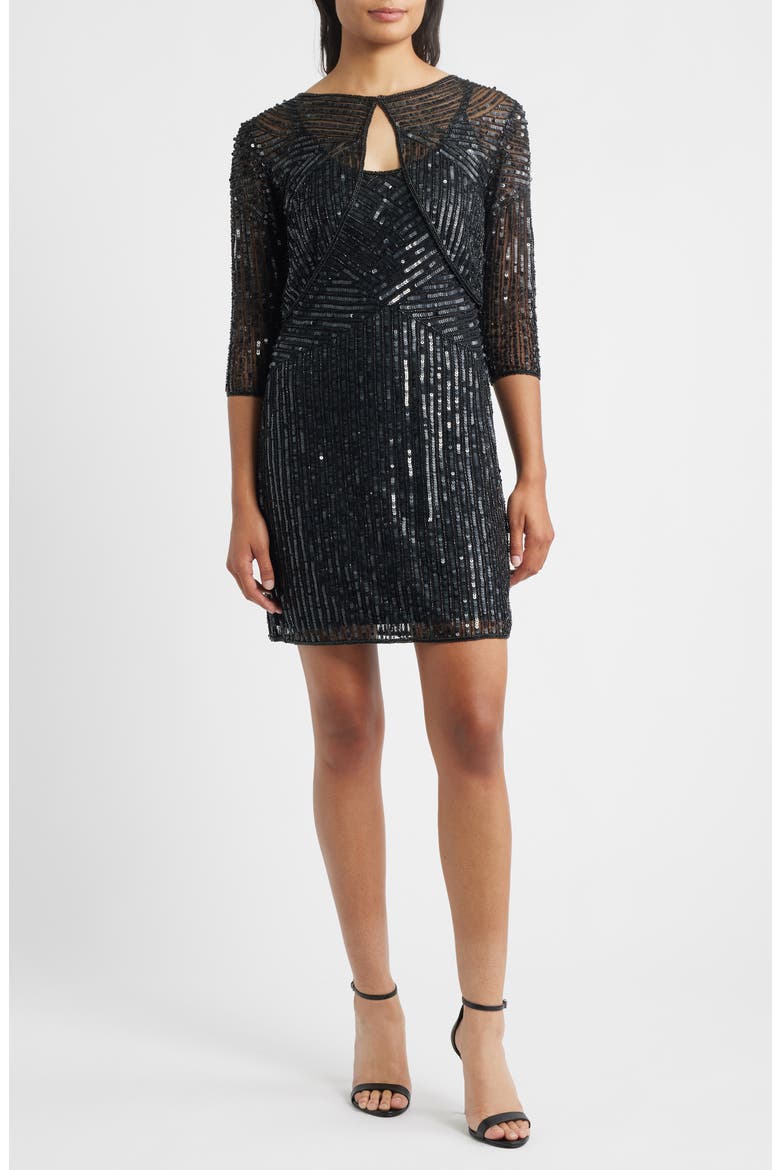 Sequin Embellished Cocktail Dress with Jacket, Main, color, BLACK